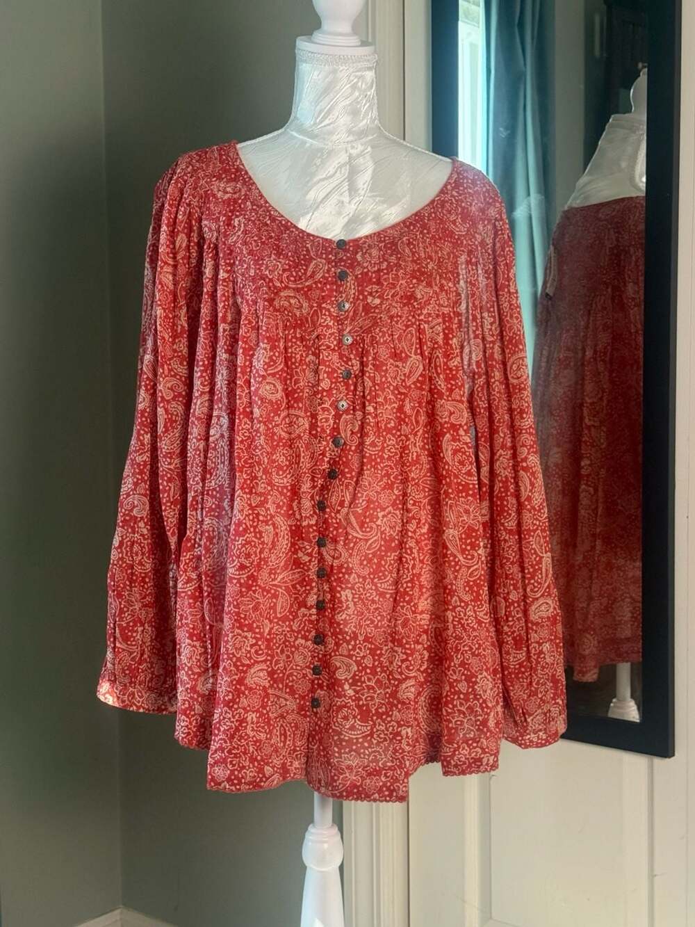 Terra & Sky 3X Red Paisley Peasant Blouse Boho Cottagecore Button Front Plus